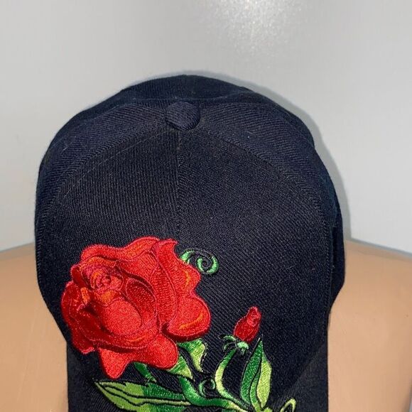 Santo Cap Women's Black Long Stem Red Rose Embroidered Baseball Cap Hat One Size - Picture 6 of 8